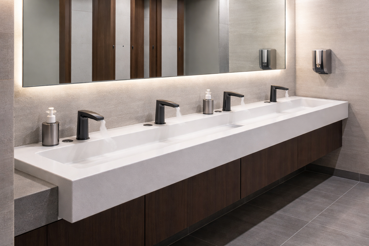 commercial trough sink with multiple faucets for high traffic public restroom with touchless technology